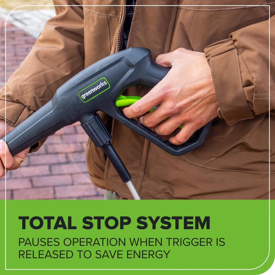 Greenworks 33-foot kink-resistant hose ready for extended reach.