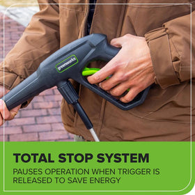 Greenworks 33-foot kink-resistant hose ready for extended reach.