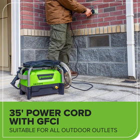 Greenworks pressure washer refreshing patio furniture with even spray.
