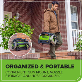 Greenworks compact portable design with wheels for easy transport.