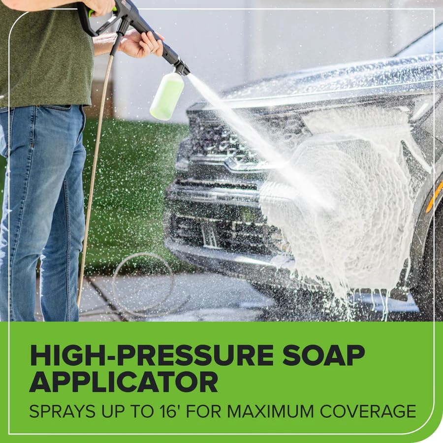 Greenworks eco-smart design saves water during outdoor cleaning tasks.