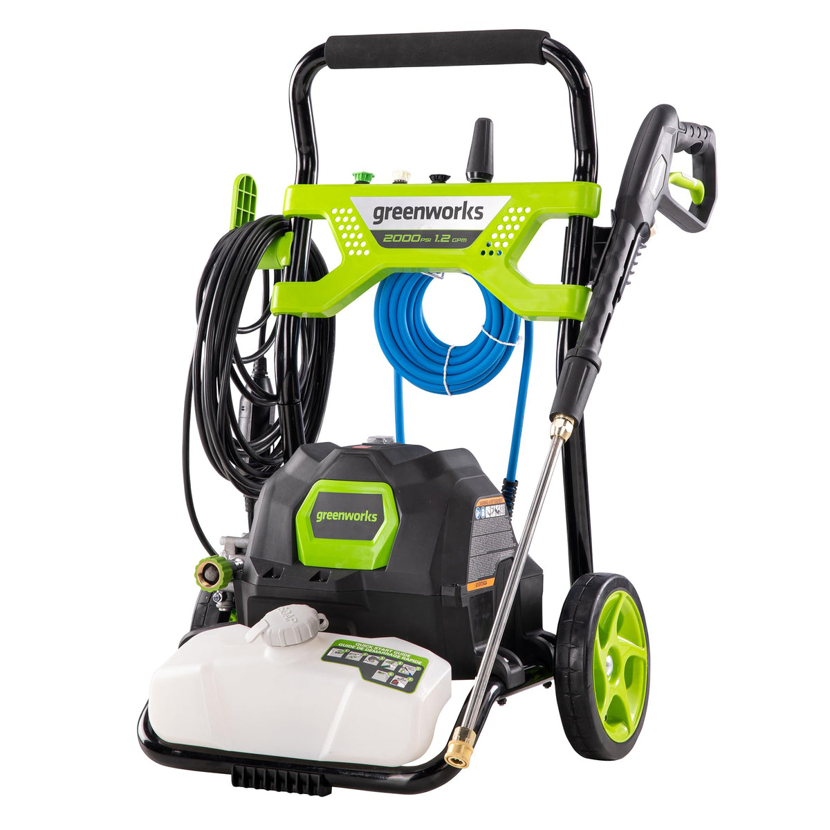 Greenworks pressure washer in open-frame design for versatile outdoor cleaning.