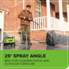 Greenworks turbo nozzle in action against tough grime on a driveway.