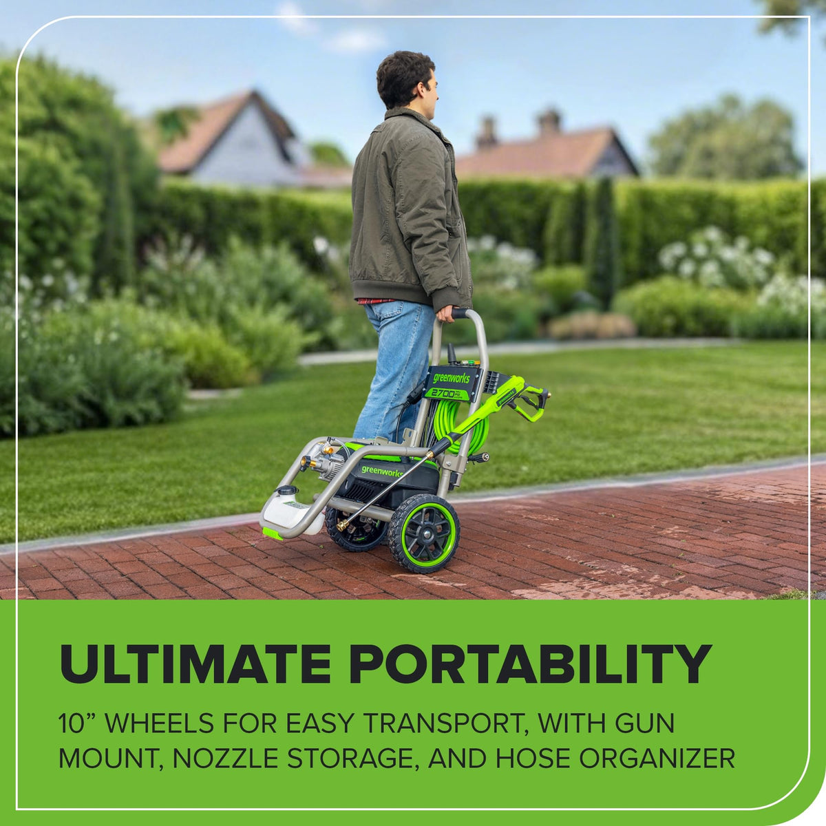 Greenworks Pro 25 ft hose extends reach for larger cleaning projects.