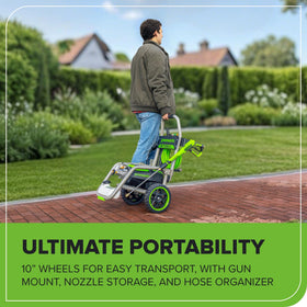 Greenworks Pro 25 ft hose extends reach for larger cleaning projects.