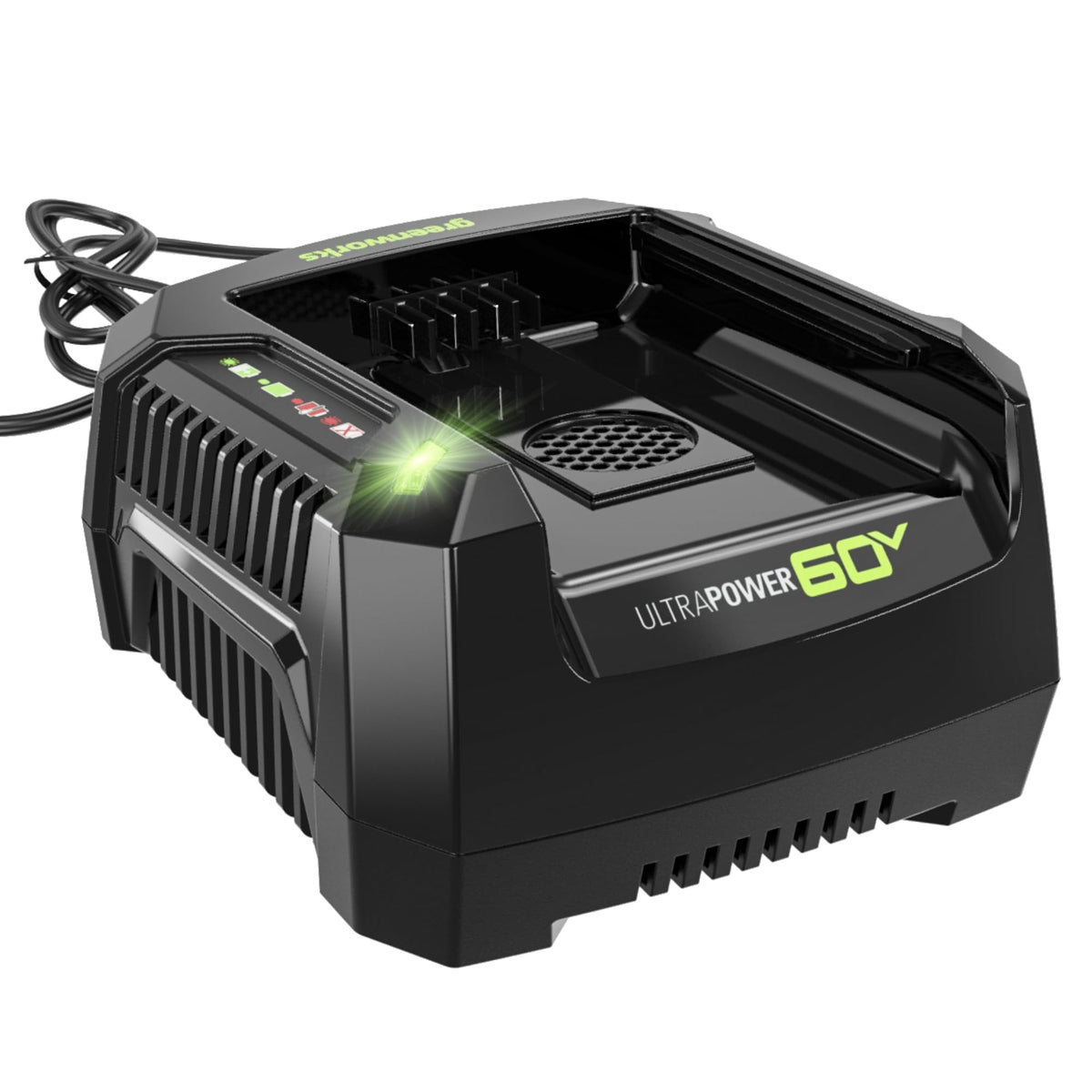 Greenworks Pro 60V rapid charger front view for fast top-ups.