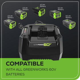 Greenworks Pro 60V charger LED indicator shows charge status at a glance.