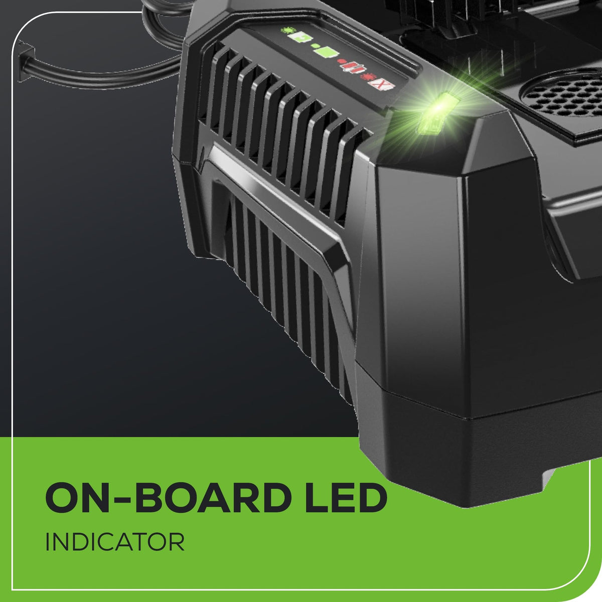 Built-in vent on Greenworks Pro 60V charger reduces heat during charging.