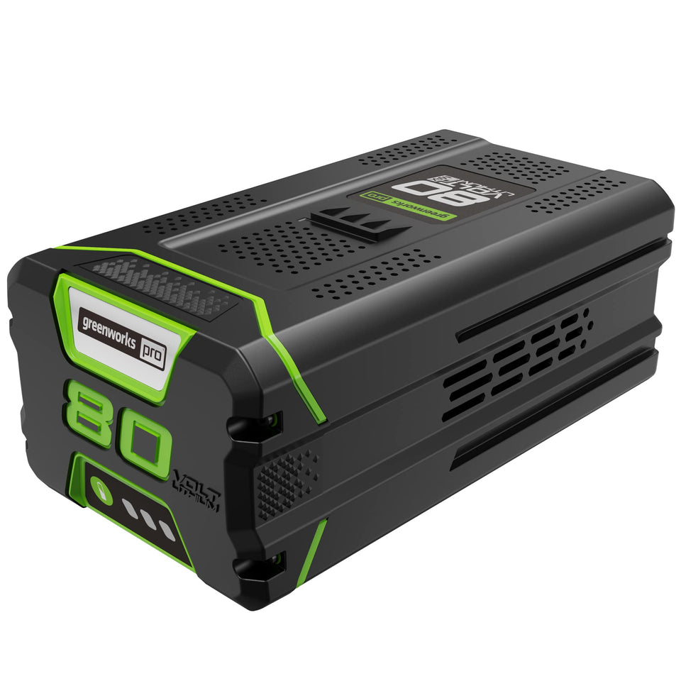 Greenworks PRO 80V 4.0Ah battery front view powering outdoor maintenance with ample run-time