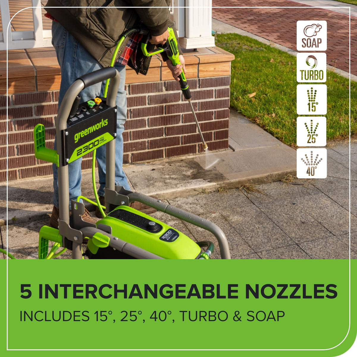 Greenworks Pro brushless 2300psi 15° nozzle for targeted deck cleaning.