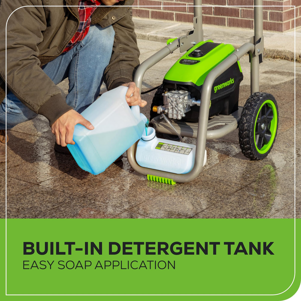 Greenworks Pro brushless 2300psi 25° nozzle covers broad areas quickly.
