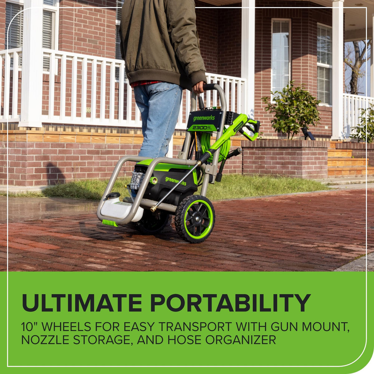 Greenworks Pro brushless 2300psi 40° nozzle for gentle rinsing on siding.