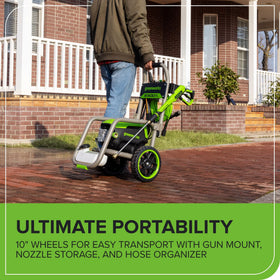 Greenworks Pro brushless 2300psi 40° nozzle for gentle rinsing on siding.