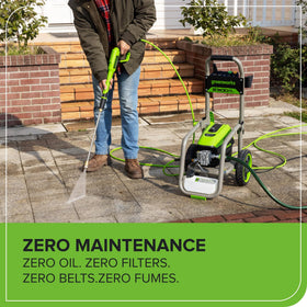 Greenworks Pro brushless 2300psi foldable handle for easy transport.