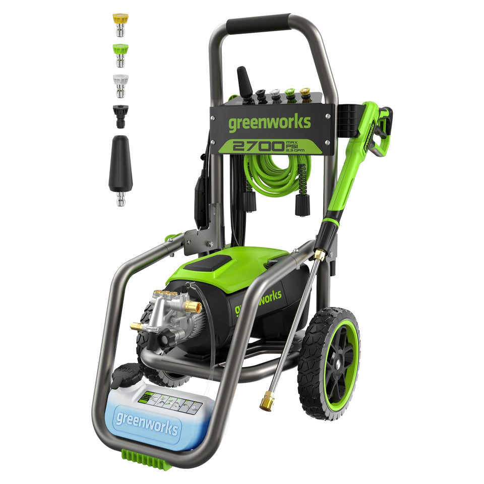 Greenworks Pro brushless 2700 PSI unit with nozzles for versatile cleaning on outdoor surfaces.