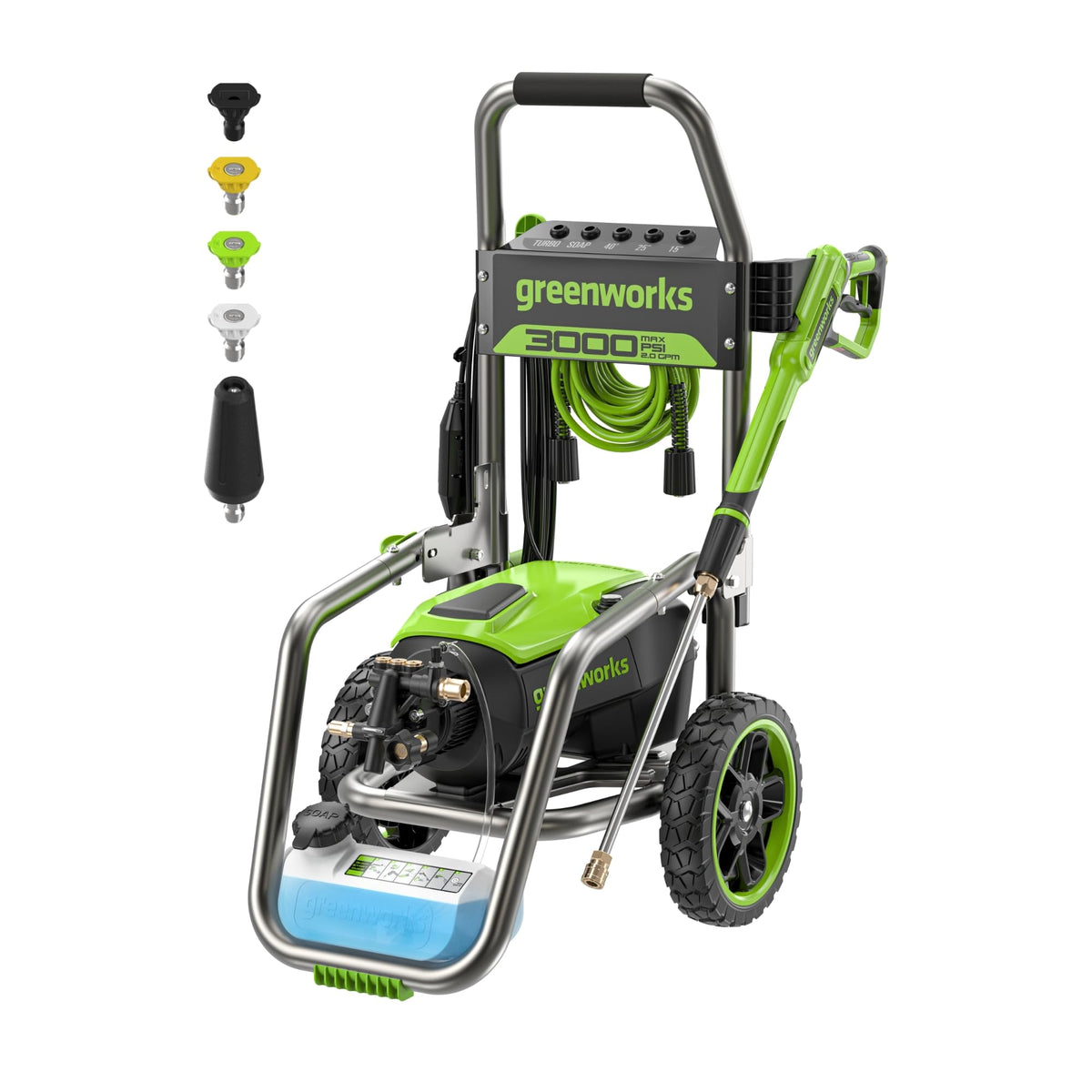 Greenworks Pro brushless 3000psi motor powering tough outdoor cleaning tasks