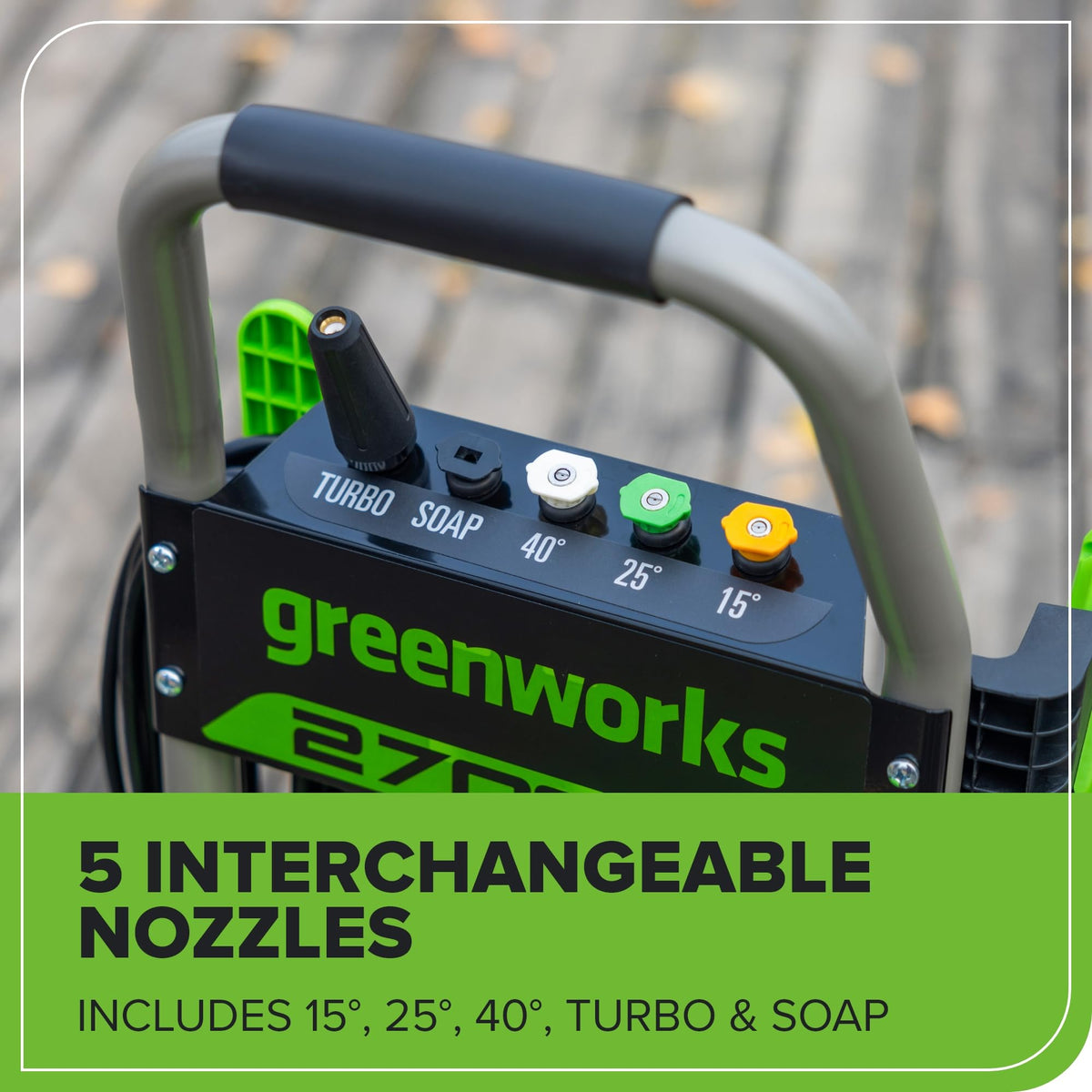 Greenworks Pro foldable handle enables easy transport and compact storage after use.