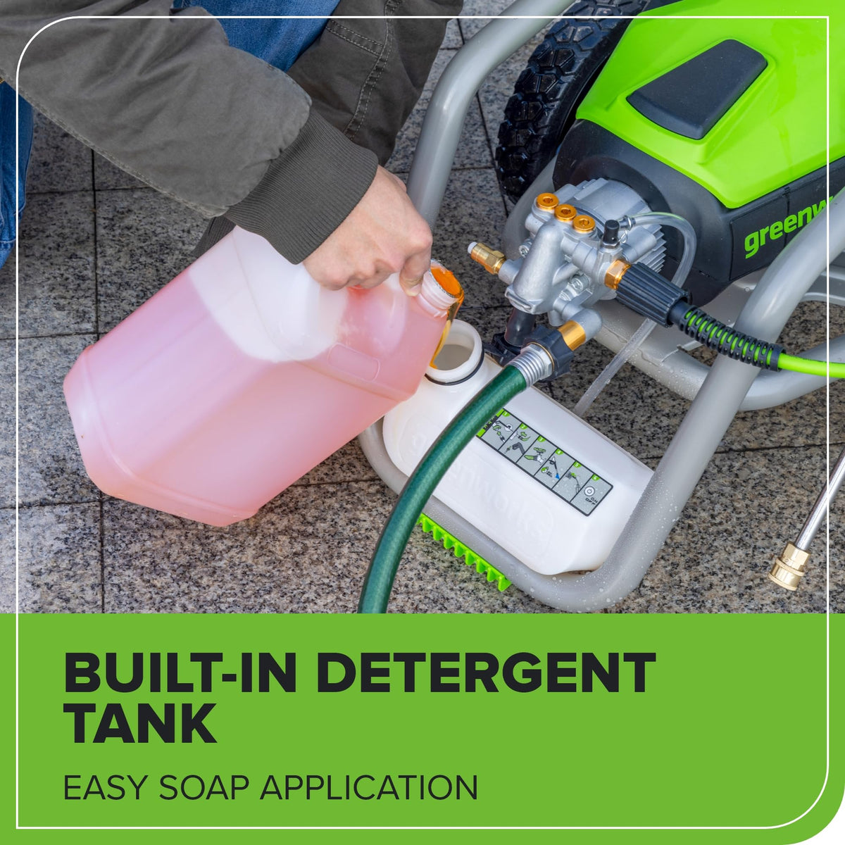 Greenworks Pro rugged steel frame delivers durable support during heavy-duty cleaning.