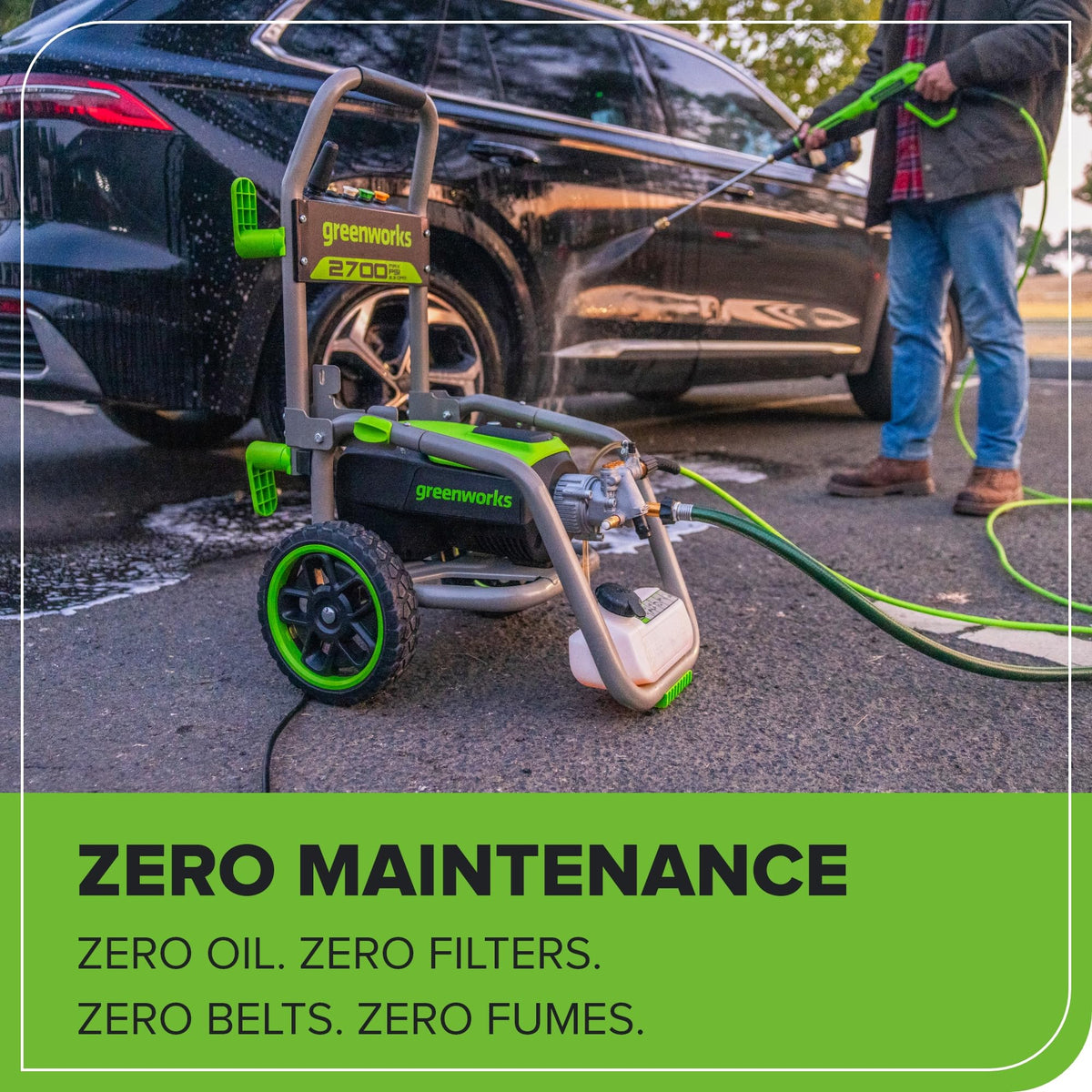 Greenworks Pro turbo nozzle-equipped setup supports quick debris removal.