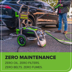 Greenworks Pro turbo nozzle-equipped setup supports quick debris removal.