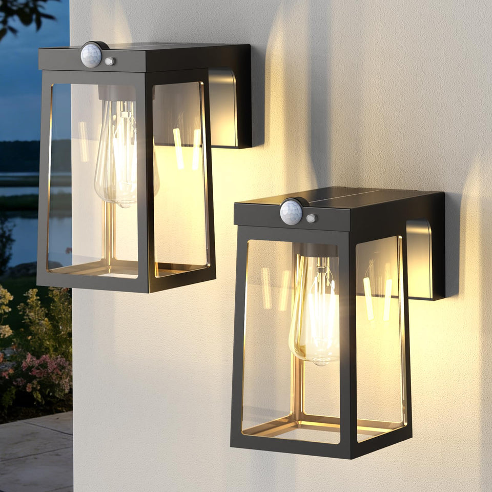 Greluna solar motion front-door lantern casts warm welcome light for entryways.