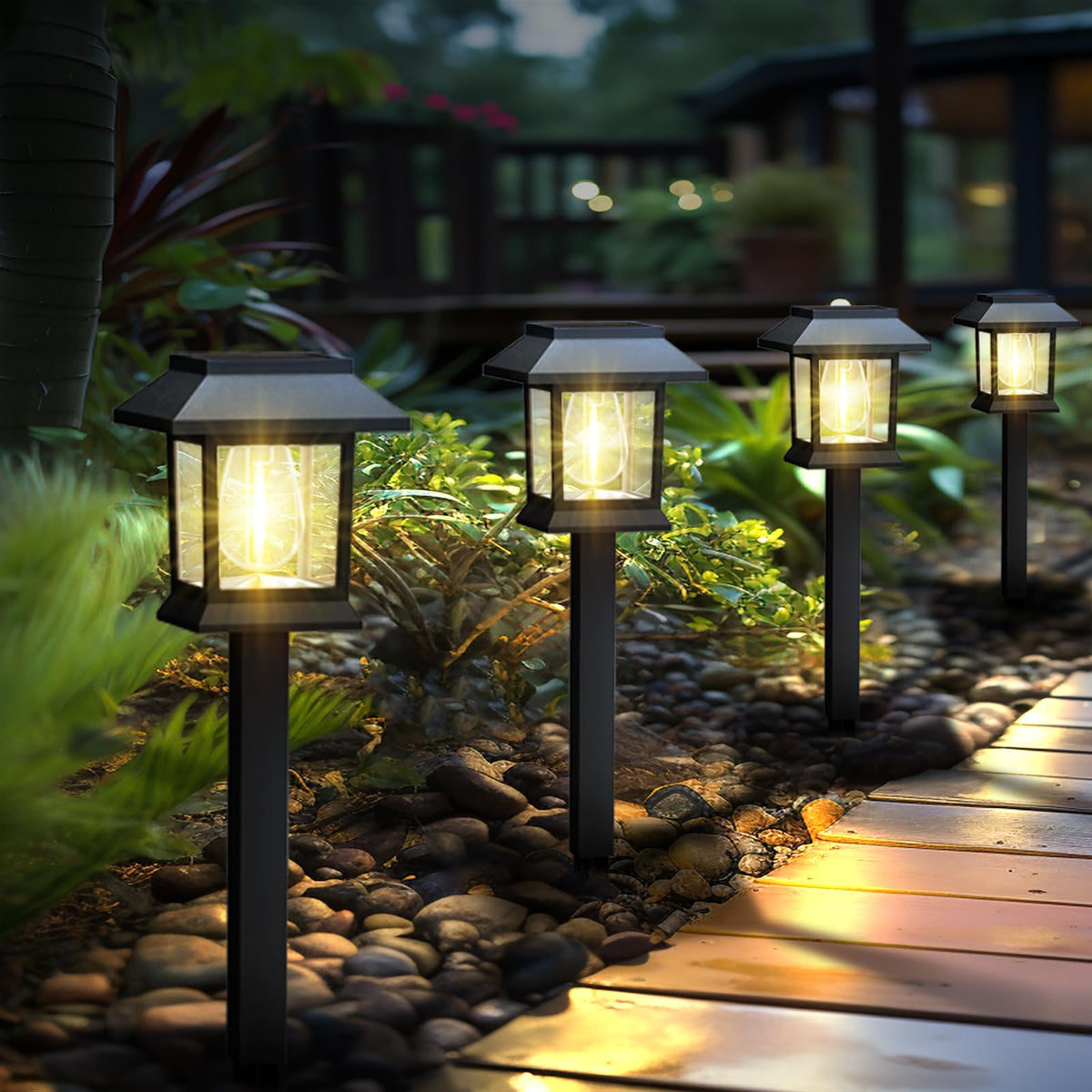 Greluna solar pathway lights illuminate a 12-pack along garden paths with warm 3000K glow