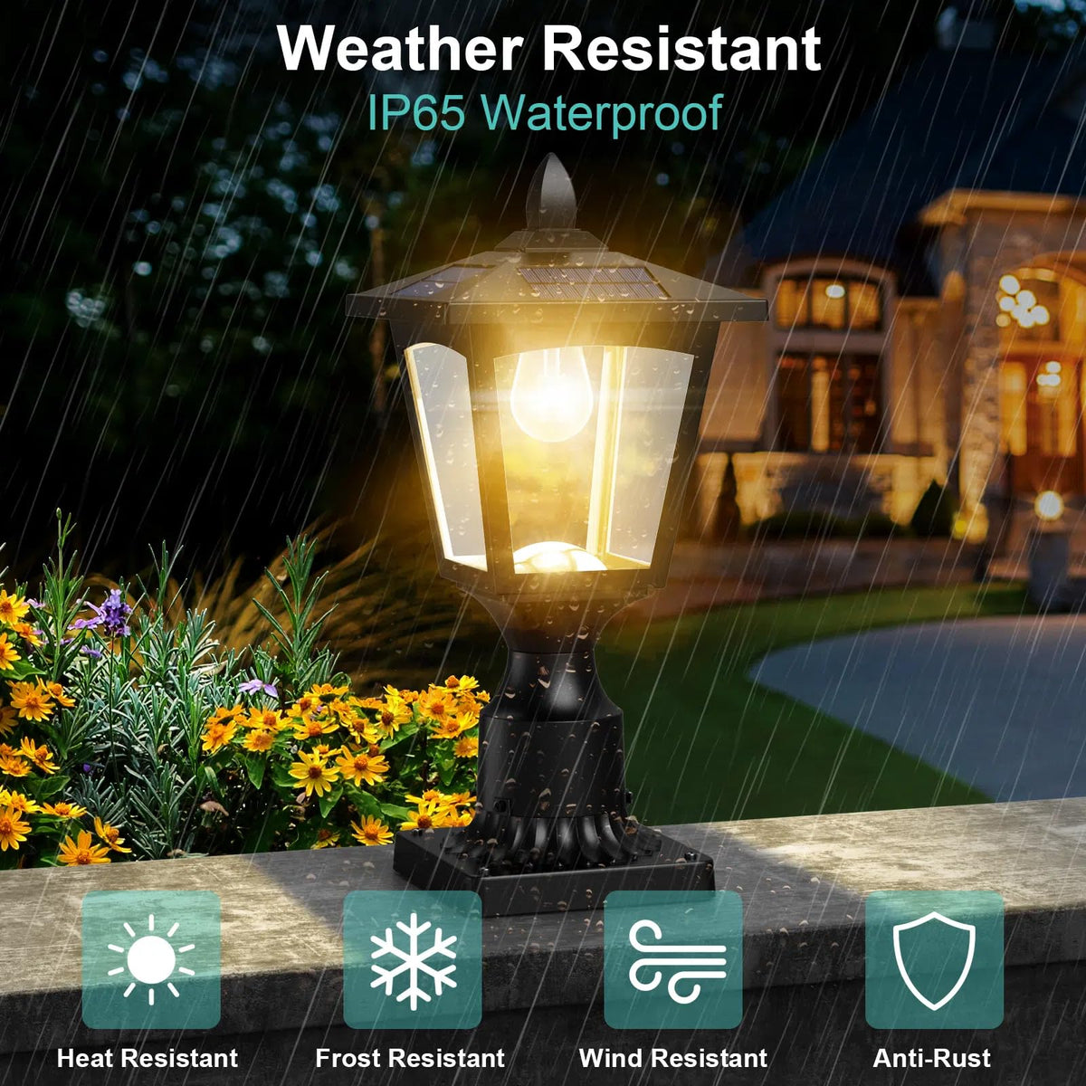 Greluna solar post light with dusk-to-dawn sensor automatically powers paths.