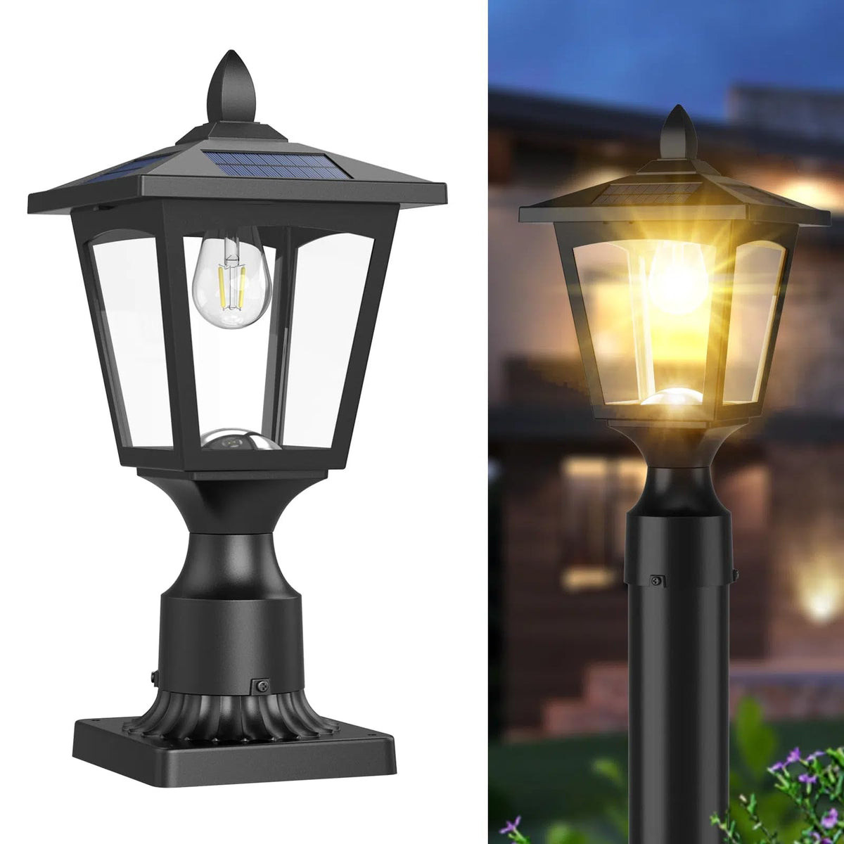 Greluna solar post light with pier-mount base lighting the entry at dusk.