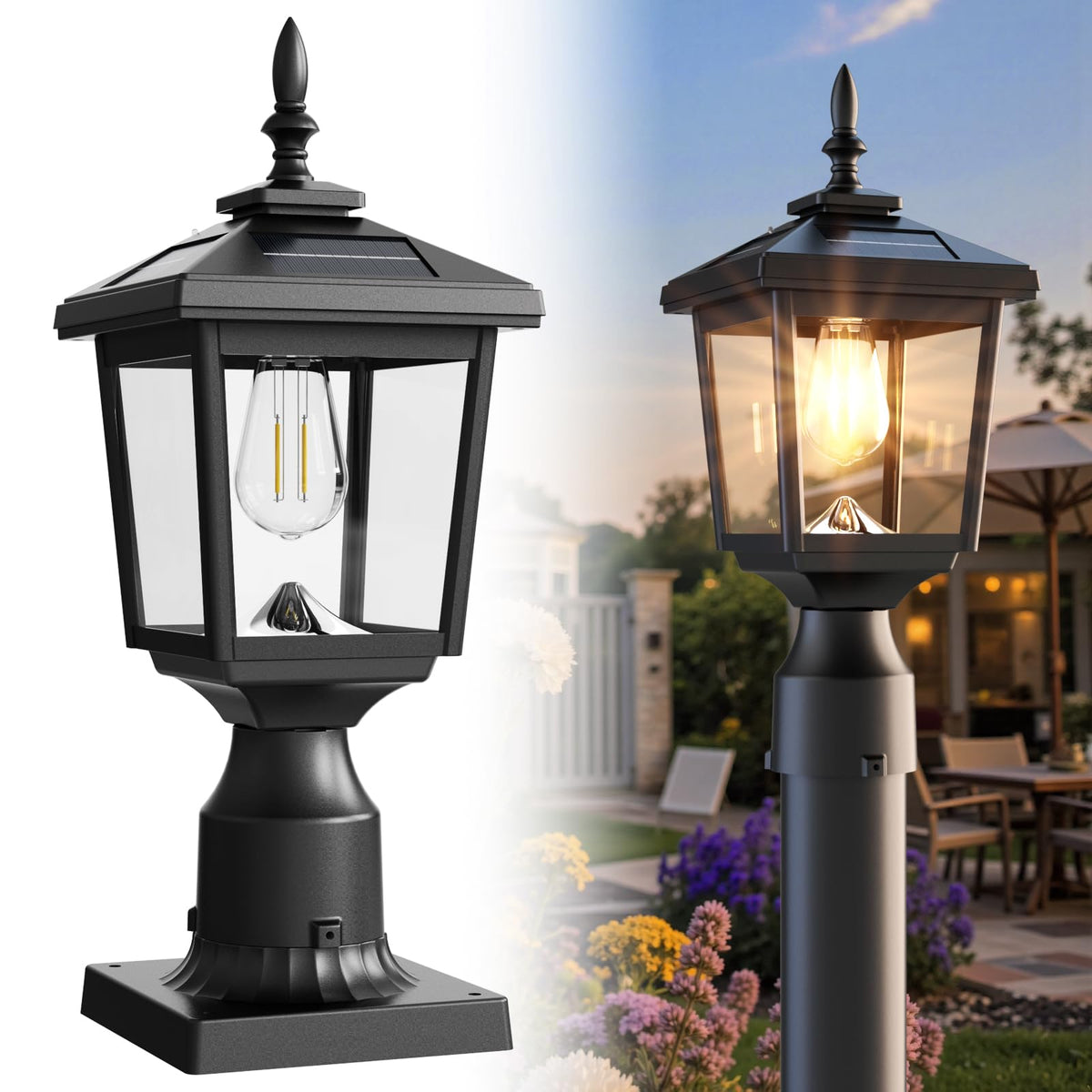 Greluna solar post light with warm white glow illuminating a garden path