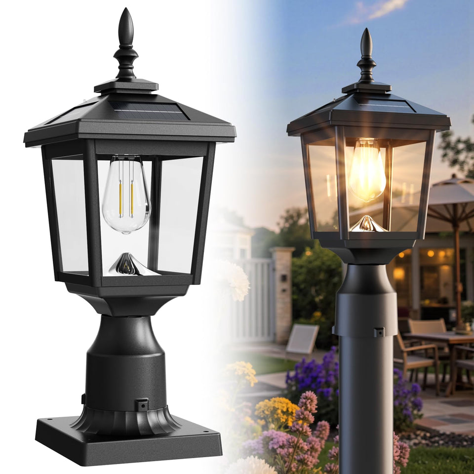 Greluna solar post light with warm white glow illuminating a garden path