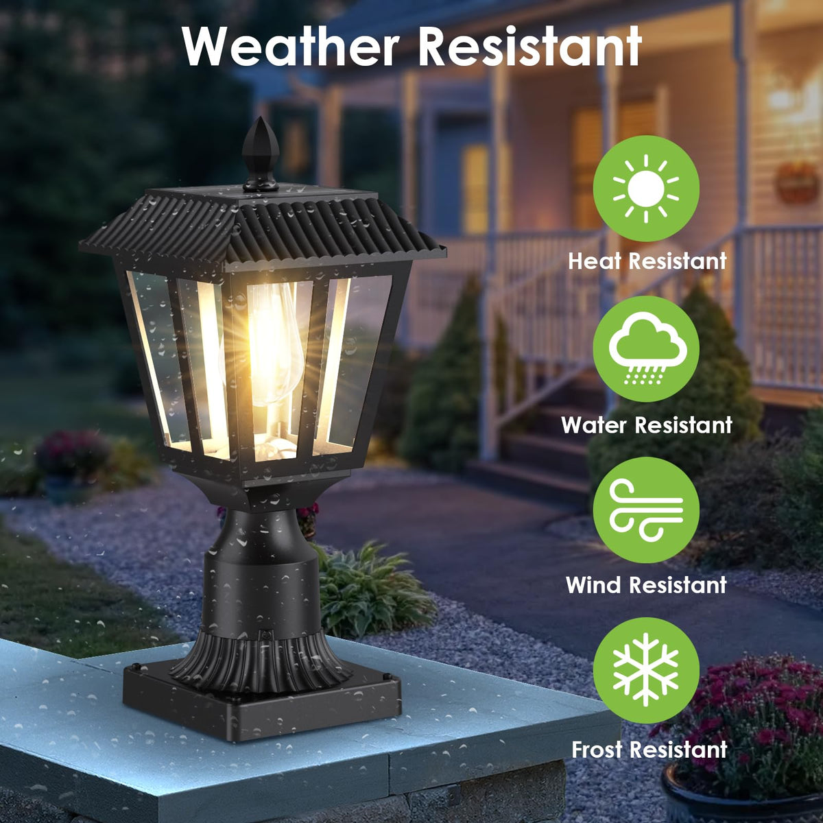 Greluna weatherproof outdoor lamp withstands rain and snow for year-round use.