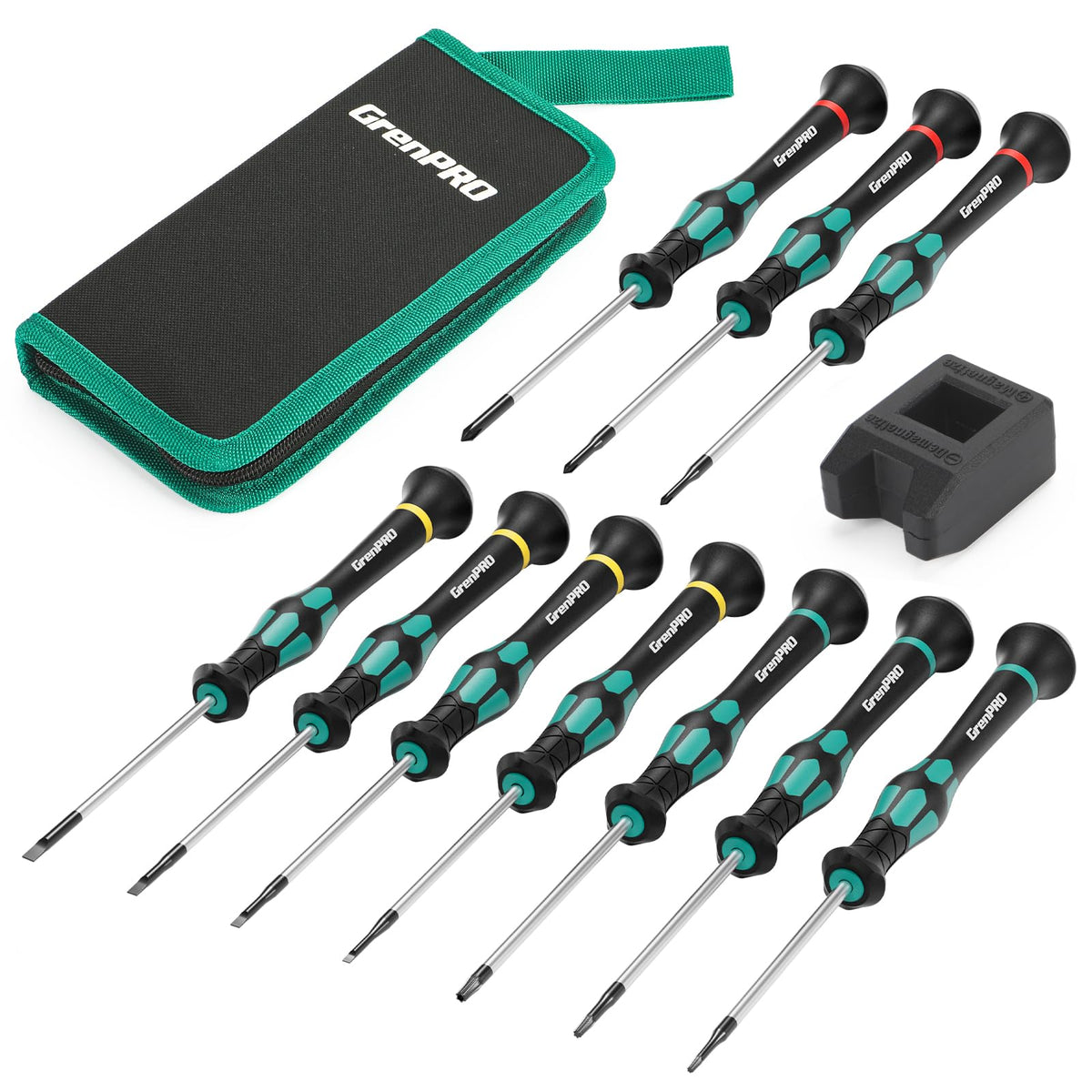 GRENPRO 10-piece precision screwdriver set close-up showing compact design for on-the-go repairs