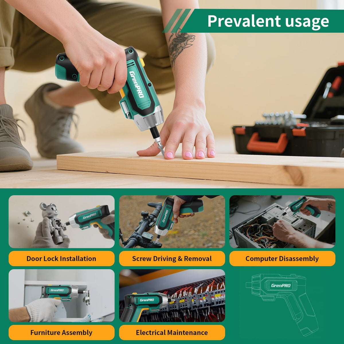 GRENPRO 1500mAh battery provides long cordless operation.