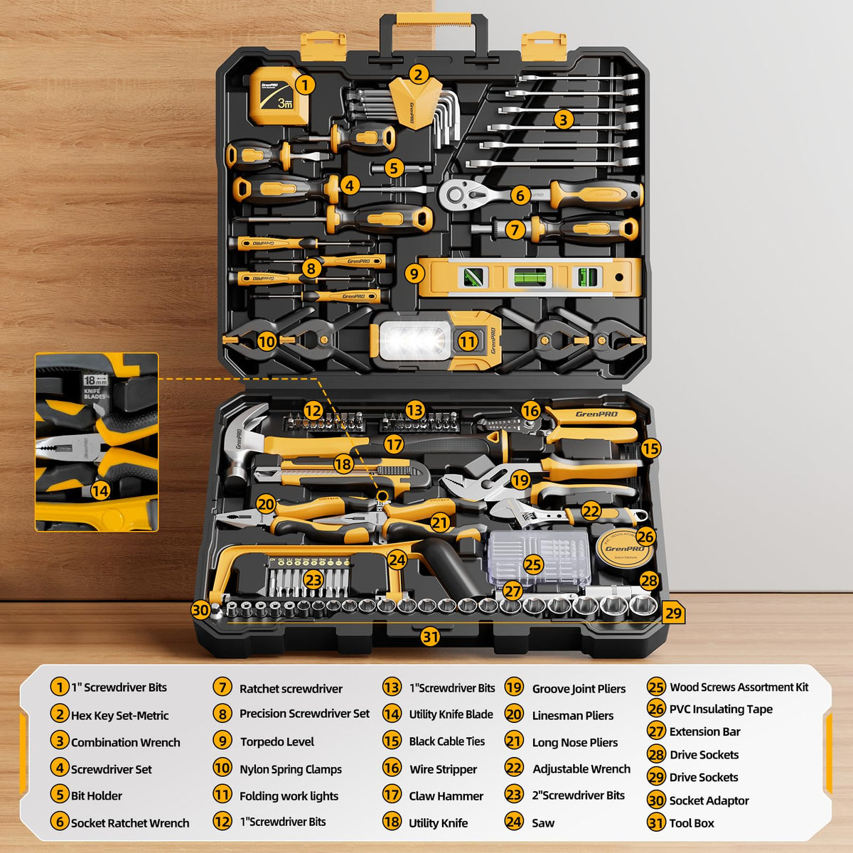 GRENPRO 239PCS tool set with folding work light for dim workspaces