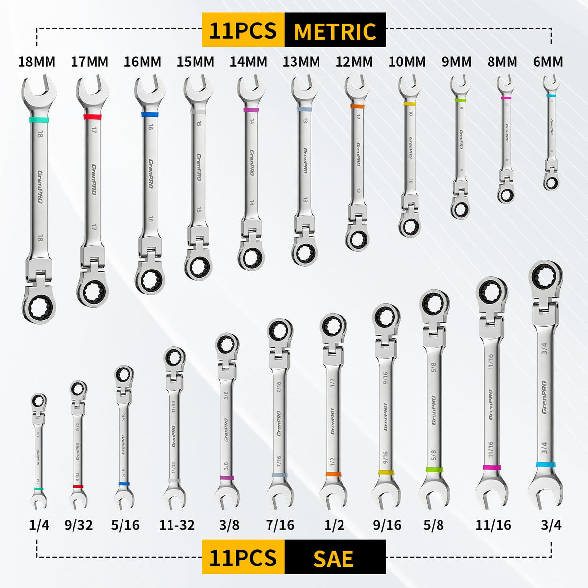 GRENPRO wrench set color rings for quick size identification