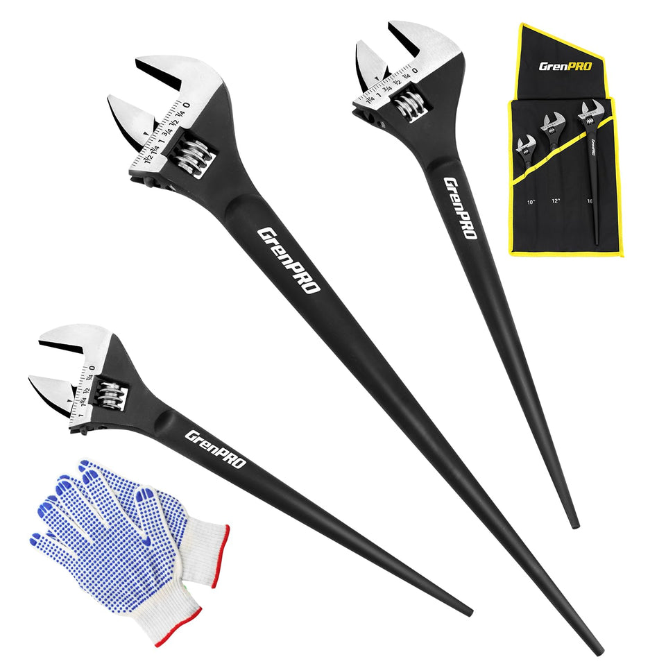 GRENPRO 10-inch adjustable spud wrench set shows versatile fastening for bolts and rivets.