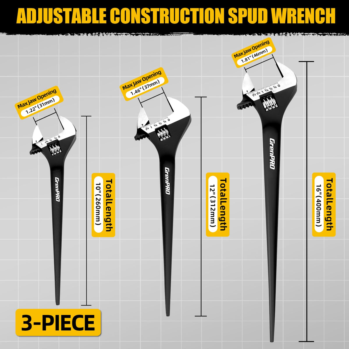 GRENPRO 12-inch adjustable spud wrench set with precise jaws for accurate sizing.