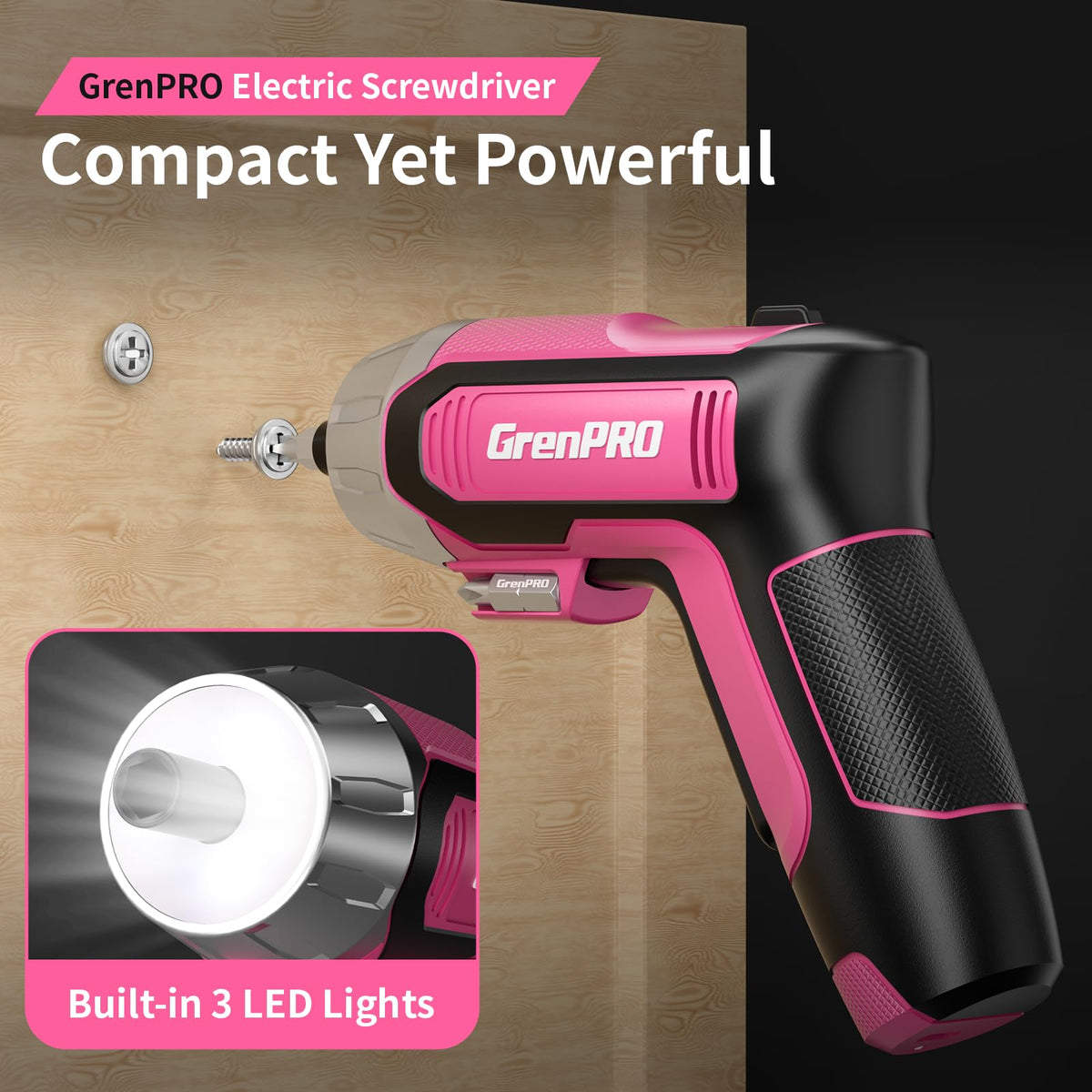 GRENPRO 4V pink cordless screwdriver ideal for home projects and furniture assembly.