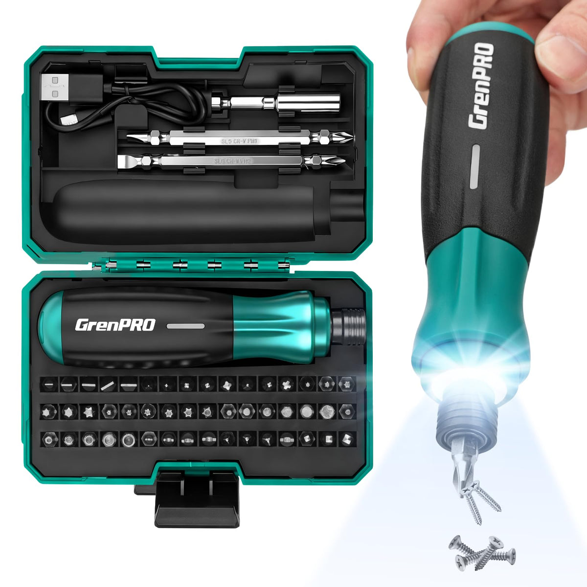 GRENPRO 4V electric screwdriver with LED light for precise, well-lit screw driving.