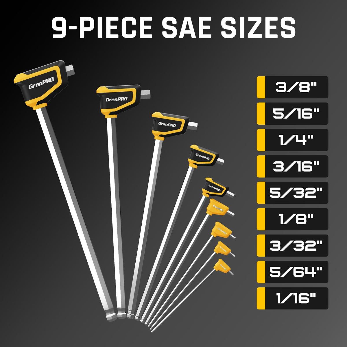 GRENPRO Allen wrenches with a 25 degree ball-end for off-angle screw access.