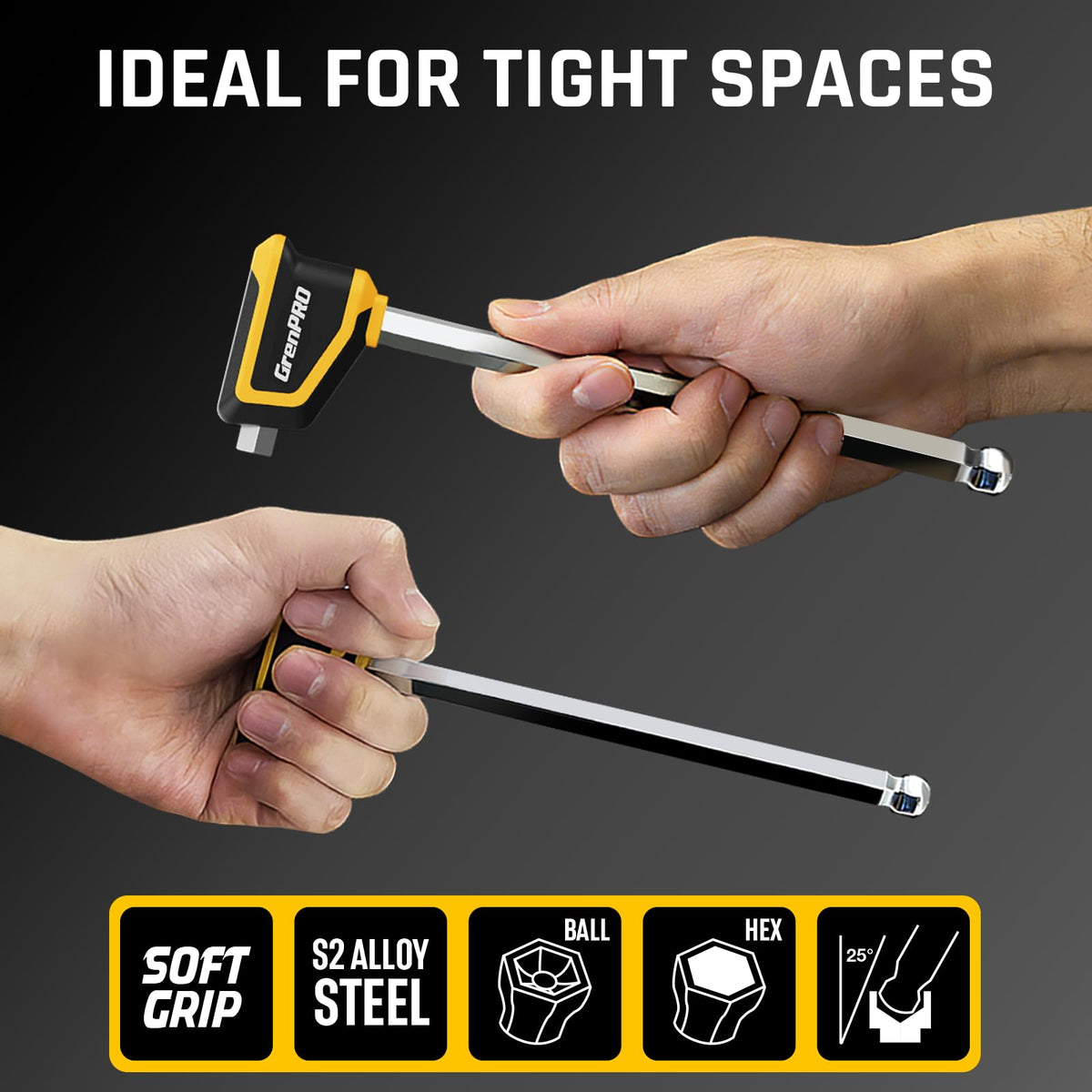 GRENPRO wrenches feature laser-etched dual-size markings for quick identification.