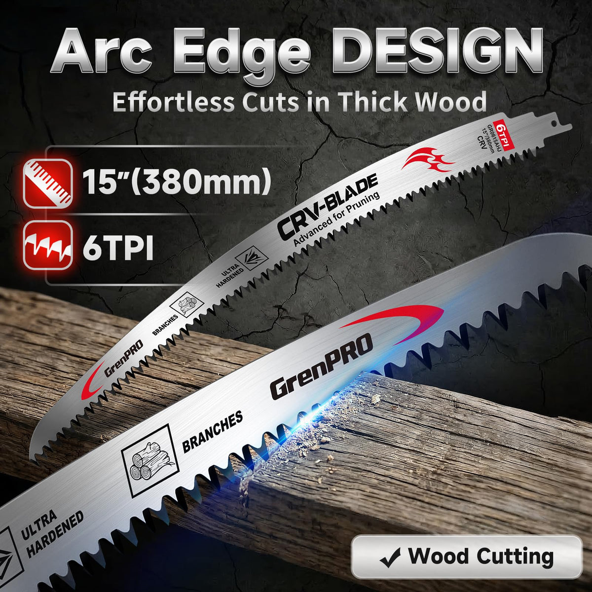 GRENPRO arc edge design blades in action on wood