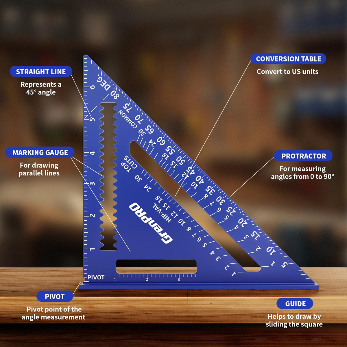 GRENPRO Combination Square 12-inch extended ruler emphasizes accuracy for long straight lines in woodwork
