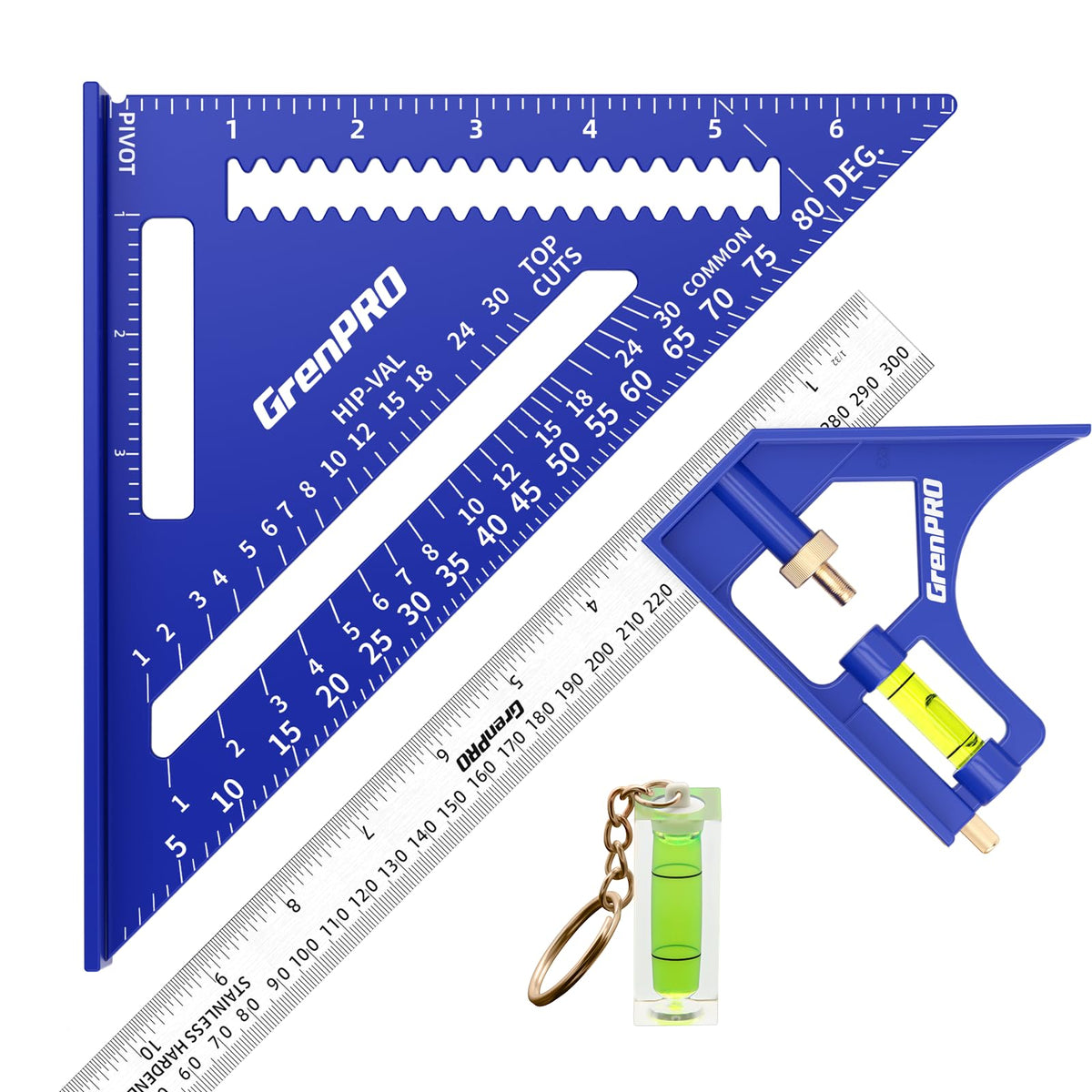 GRENPRO Combination Square 7-inch front view highlights precise 90-degree setup for woodworking