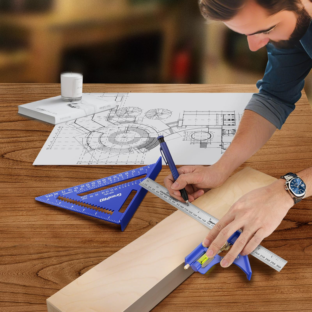 GRENPRO Combination Square in-use in a woodworking scene demonstrates 90-degree verification