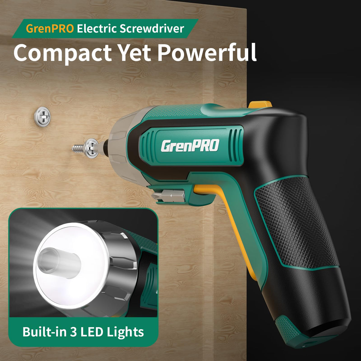 GRENPRO cordless screwdriver in use for furniture assembly and quick fixes.