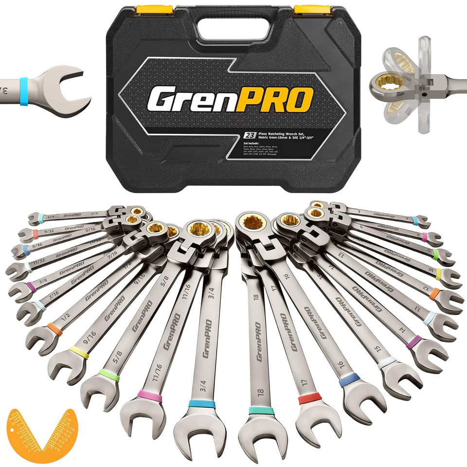 GRENPRO flex-head wrench set with 180° swivel head for tight spaces