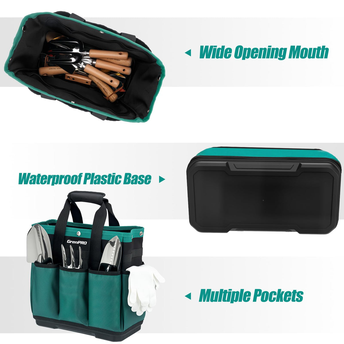 GrenPRO Garden Tool Bag in dark green fabric that hides dirt between uses.