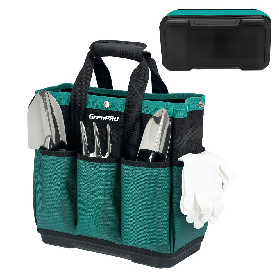 GrenPRO Garden Tool Bag with molded bottom for stable transport on uneven ground.