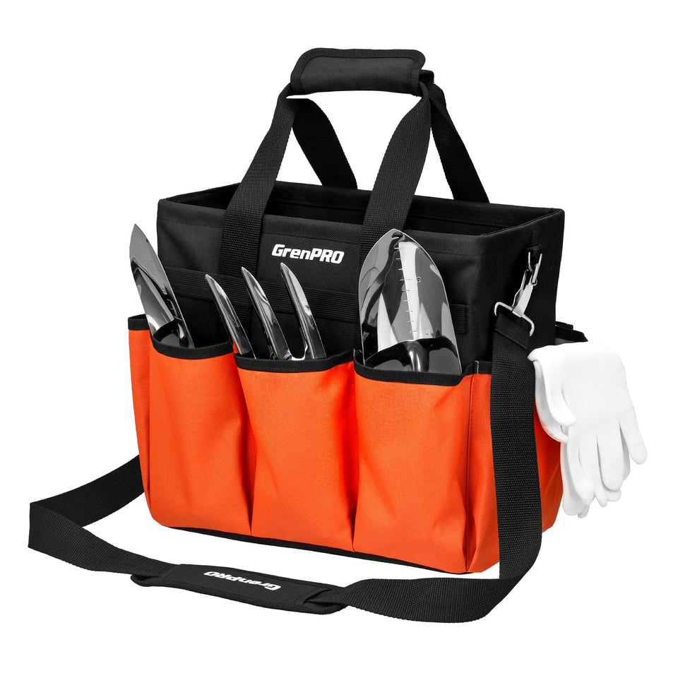 Grenpro garden tool bag organizer in bright orange, highly visible for quick tool access.